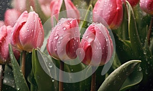 Pink tulips with drops water wallpaper. Beautiful flower background. For banner, postcard, book illustration. Created with