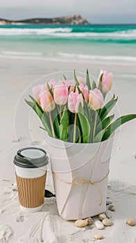 Pink tulips in a flowerpot sit next to a cup of coffee on the beach