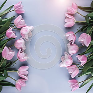 Pink tulips flowers on blue background. Waiting for spring. Happy Easter card.
