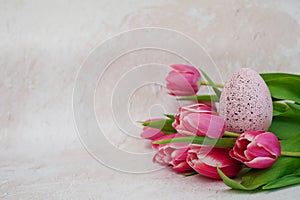 Pink tulips flowers and easter egg on light gray concrete backgrond. Easter greeting card