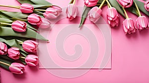 Pink tulips flowers on pink background. Card for Mothers day, 8 March, Happy Easter. Waiting for spring