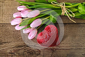 Pink tulips and gift box