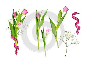 Pink tulips and gypsiphila flowers in a spring bouquet with silk ribbon and set of details isolated on white
