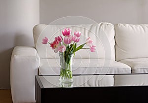 Pink tulips in modern living room