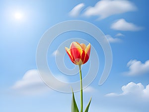 pink tulips in the park agains clouds. Spring blurred background postcard