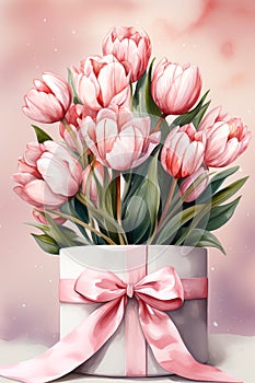 Pink tulips in the round gift box. Watercolor style. Perfect for Woman's Day, Mother’s Day, birthday card.