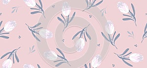 Pink tulips seamless pattern. Hand drawn floral vintage pink textile pattern