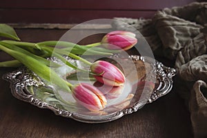 Pink Tulips on Silver Tray