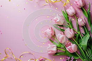 Pink Tulips and Stars on Pink Background
