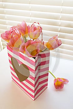 Pink tulips in Striped Valentine Bag