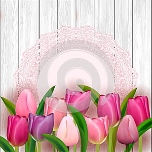 Pink tulips on white table. Feminine illustration for women`s day. Vector