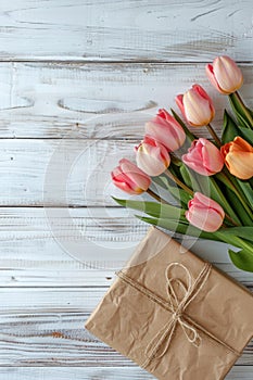 Pink tulips on a white wooden background, top view. Greeting card with tulips and gift box, space for text