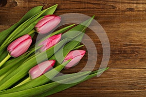 Pink tulips on a wooden background. Mother`s Day. Spring flowers