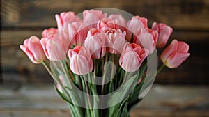 Pink Tulips on Wooden Table