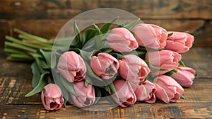 Pink Tulips on Wooden Table