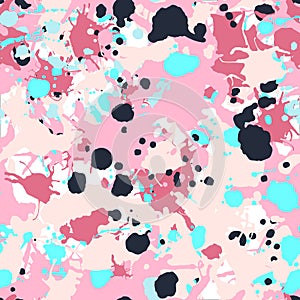 Pink turquoise black ink paint splashes seamless pattern