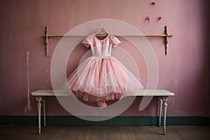 pink tutu hanging on a ballet barre