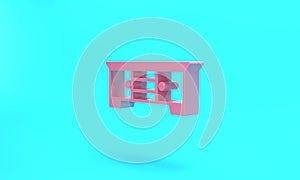 Pink TV table stand icon isolated on turquoise blue background. Minimalism concept. 3D render illustration