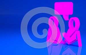 Pink Two sitting men talking icon isolated on blue background. Speech bubble chat. Message icon. Communication or