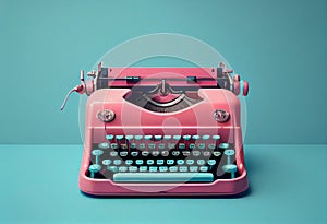 Pink typewriter on a blue pastel background. Vintage machine. Journalism. AI Generated