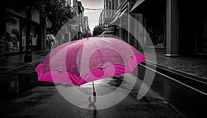 a pink umbrella on the asphalt ground in a street on a rainy day