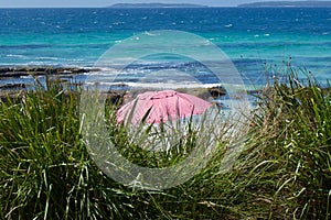 Pink umbrella at Hyams Beach