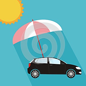 Pink umbrella protecting car against sun, flat style. Safety, in