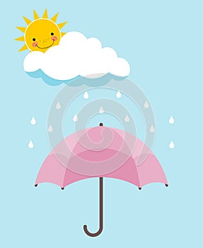 Pink umbrella, smiling sun, cloud and rain over pale blue background