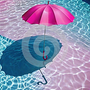 pink umbrellis floating in pool of water with shadow on the ground and a