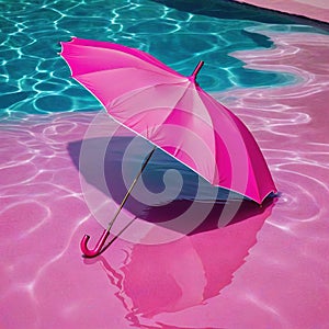 pink umbrellis floating in pool of water with shadow on the ground and a