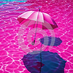 pink umbrellis floating in pool of water with shadow on the ground and a