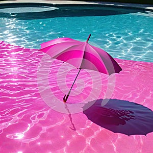 pink umbrellis floating in pool of water with shadow on the ground and a