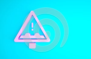 Pink Uneven road ahead sign. Warning road icon isolated on blue background. Traffic rules and safe driving. Minimalism