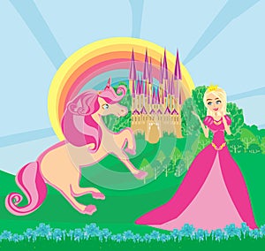 Pink unicorn and beautiful queen in front of her castle