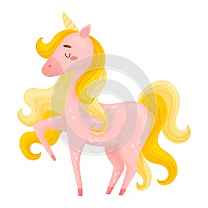 Pink Unicorn With Closed Eyes Stomping With Leg Vector Illustration