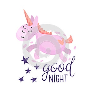 Pink unicorn flies in a dream. Vector illustration on a white background.