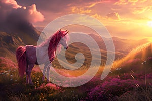 A pink unicorn grazes among the flowering grasses of a mountain meadow at sunrise