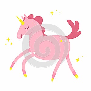 Pink unicorn with stars cute cartoon illustration. Vector illustration isolated on white background