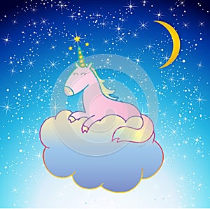 Pink Unicorn Vector sleeping on a cloud night scene sweet dreams