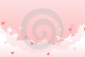 Pink valentine background design with cloud, heart and pigeon
