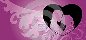 Pink valentine background with kiss couple in love on big heart