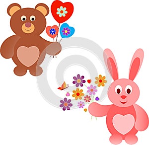 Pink Valentine Bunny and Brown Valentine Teddy Bear Illustrations