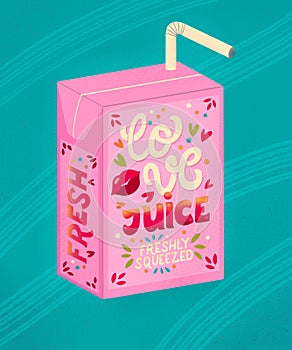 Pink Valentine juice box with hand lettering love juice. Cute festive romantic holiday illustration. Bright colorful pink and blue