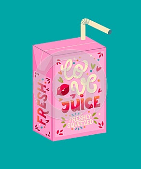 Pink Valentine juice box with hand lettering love juice. Cute festive romantic holiday illustration. Bright colorful pink and blue