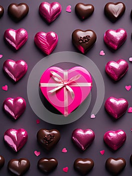 Pink Valentine's day gift box with ribbon and bow, with individual pink and brown chocolate hearts scattere