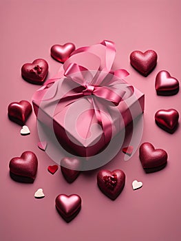 Pink Valentine's day gift box with ribbon and bow, with individual pink and chocolate hearts scattered beside.