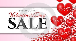 Pink Valentine`s Day Sale Background Banner with Red Hearts