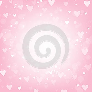 Pink Valentines Day background with hearts and bokeh lights