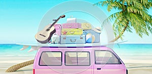 Pink Van with luggage ready for summer vacation 3D Render