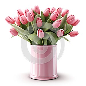 A pink vase filled with lots of pink tulips
